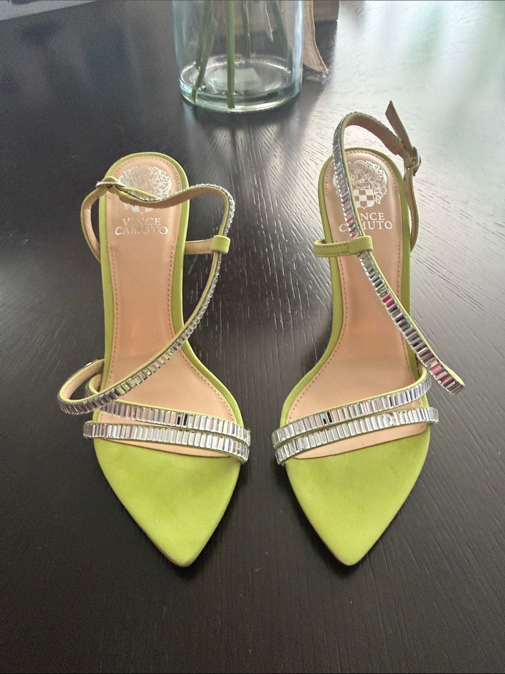 Vince Camuto Lime Green Pointed-Toe Ankle Strap Heels with Crystal Bands